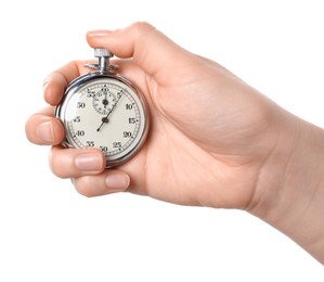 Woman holding vintage timer on white background, closeup