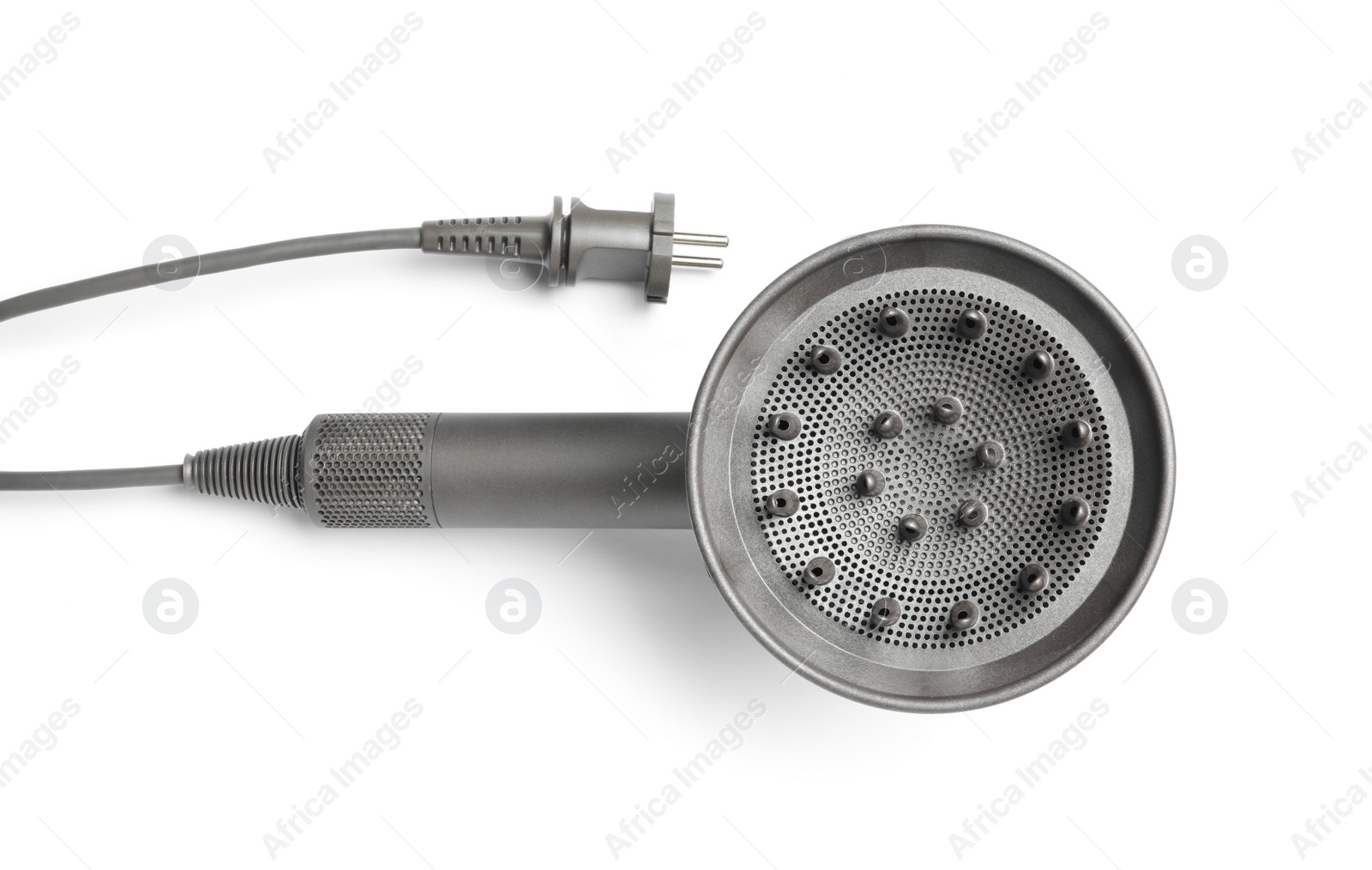 Photo of Modern hair dryer on white background, top view