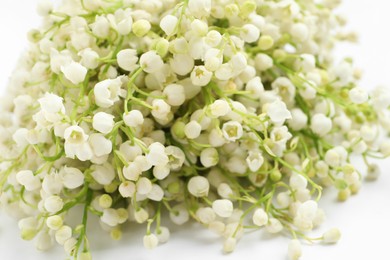 Photo of Beautiful lily of the valley bouquet on white background, closeup