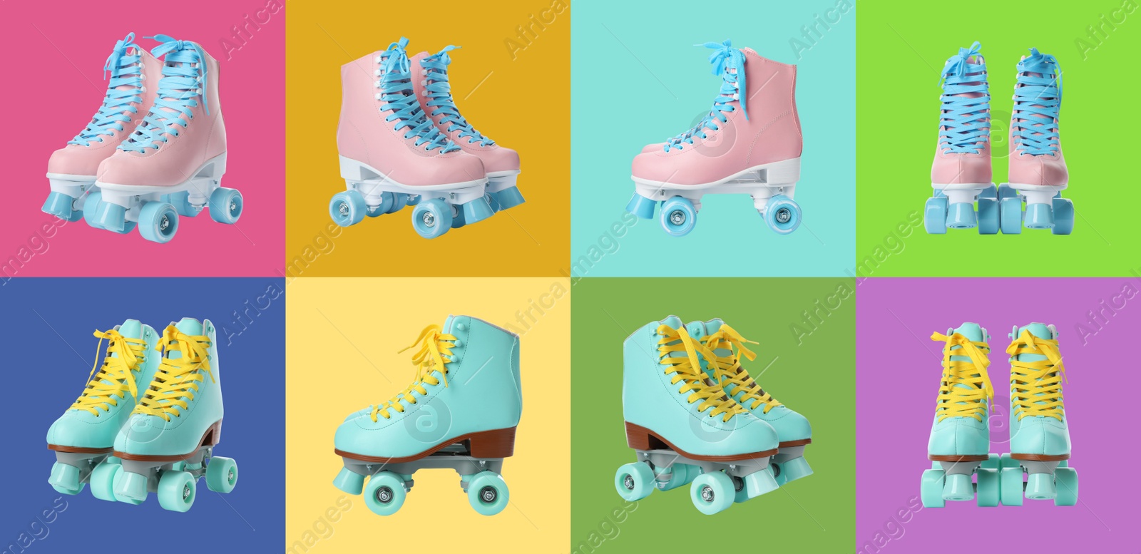 Image of Collage with roller skates on various color backgrounds, views from different sides. Banner design