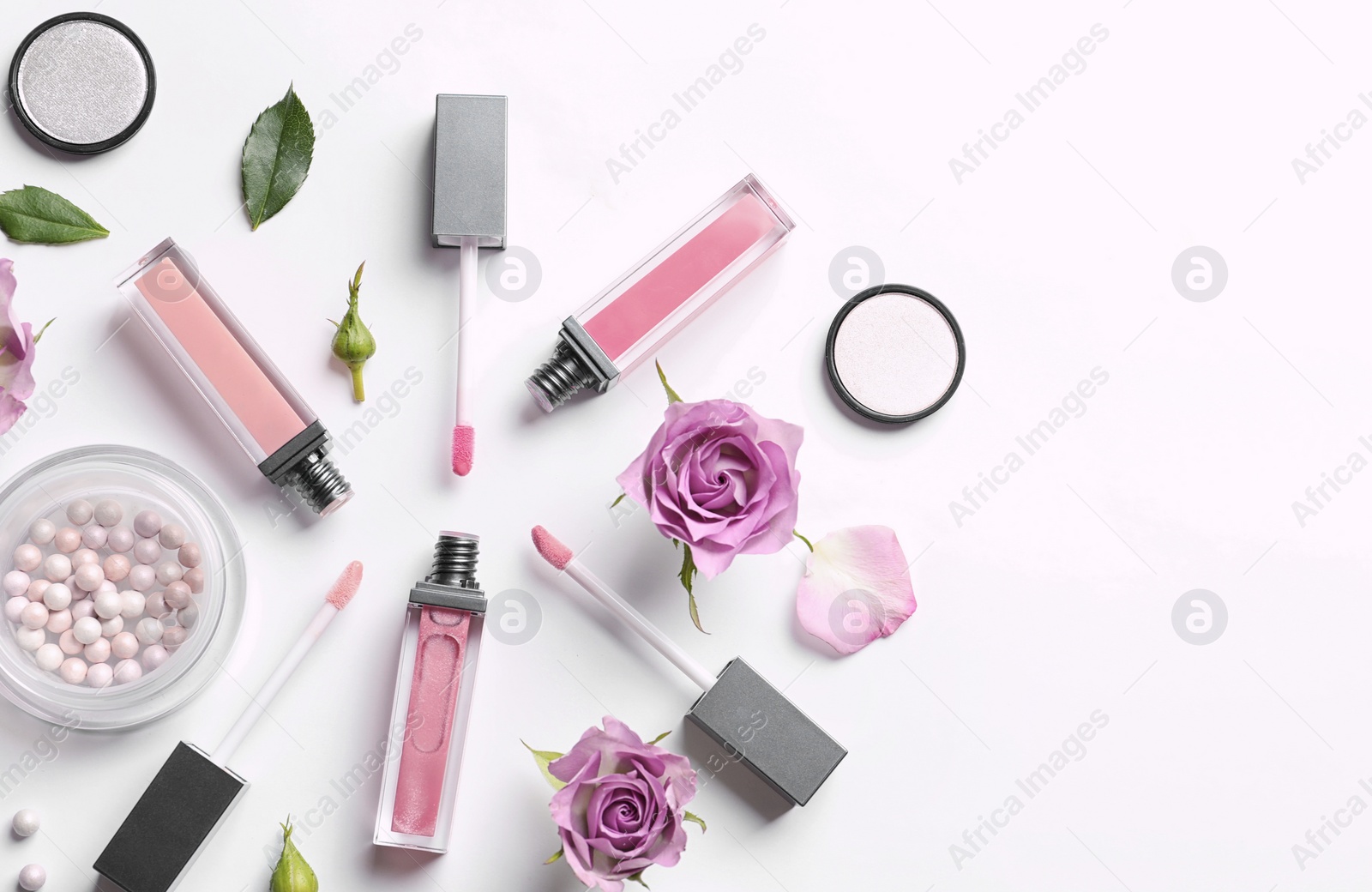 Photo of Beautiful composition with lipsticks on white background, flat lay