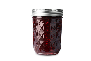 Jar of raspberry jam isolated on white