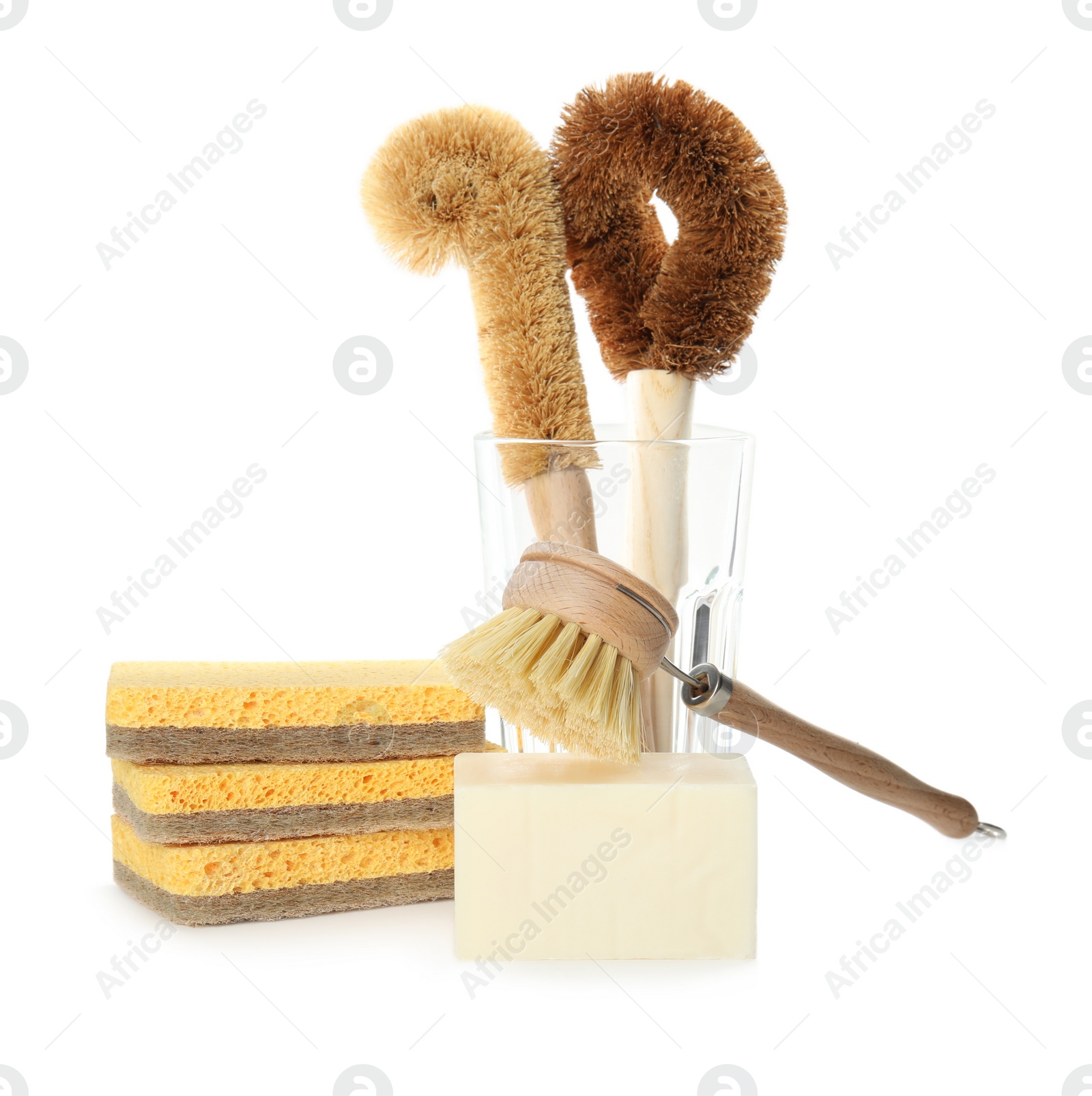 Photo of Cleaning supplies for dish washing on white background