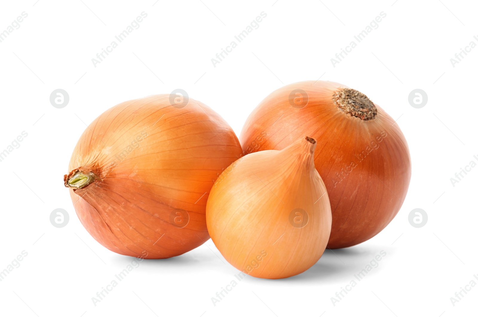 Photo of Fresh ripe onions on white background