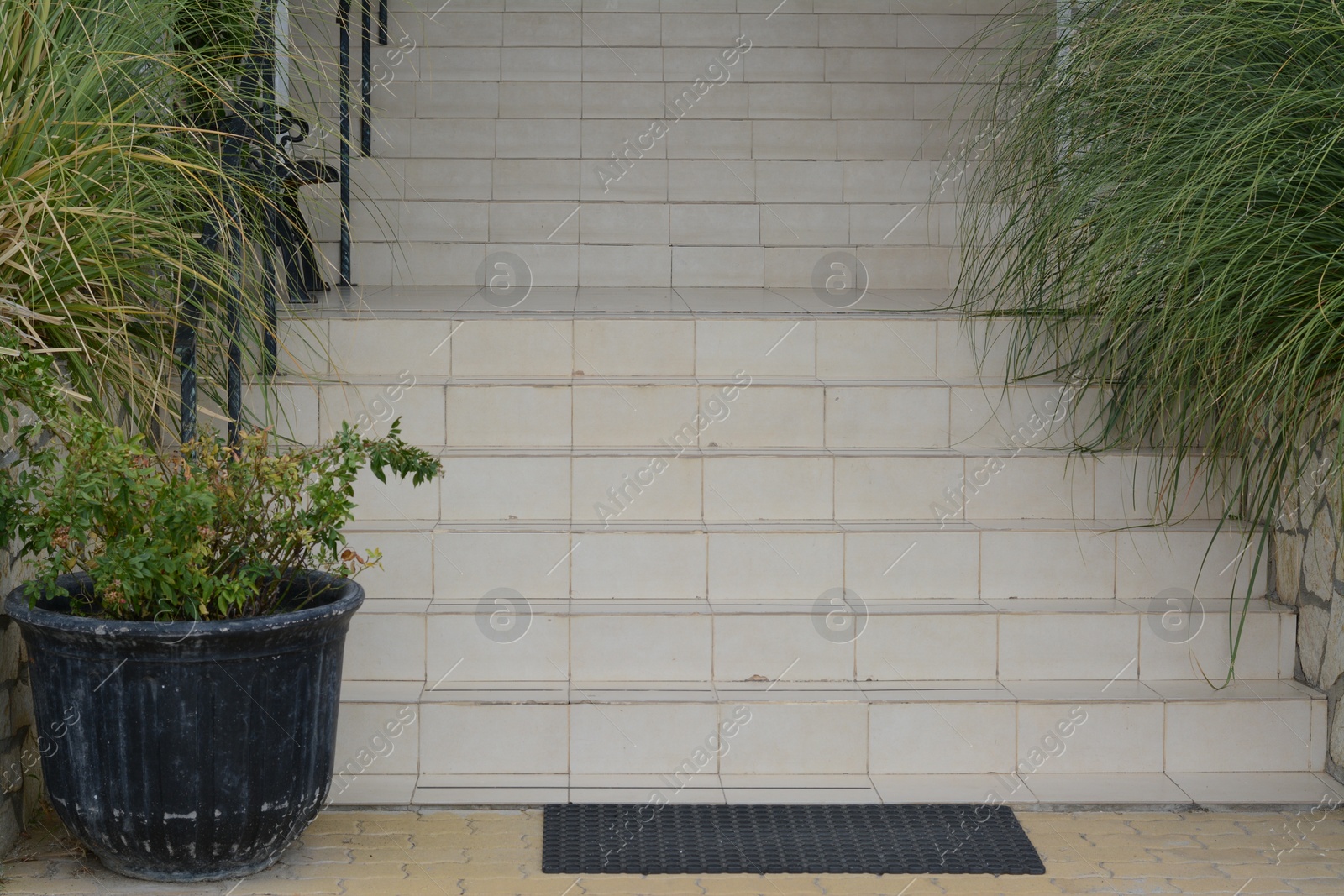 Photo of View of stone outdoor staircase decorated with plants