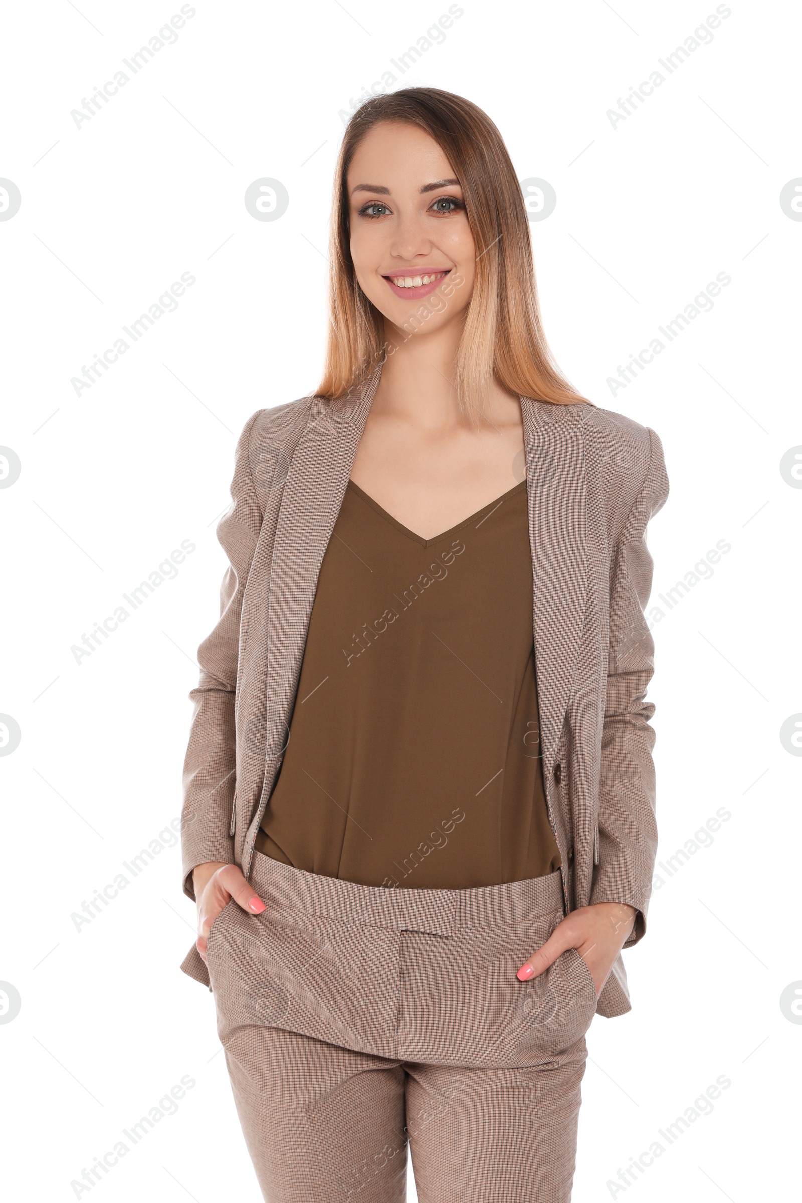 Photo of Portrait of happy businesswoman on white background