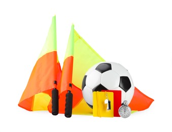 Photo of Soccer ball and different referee equipment isolated on white