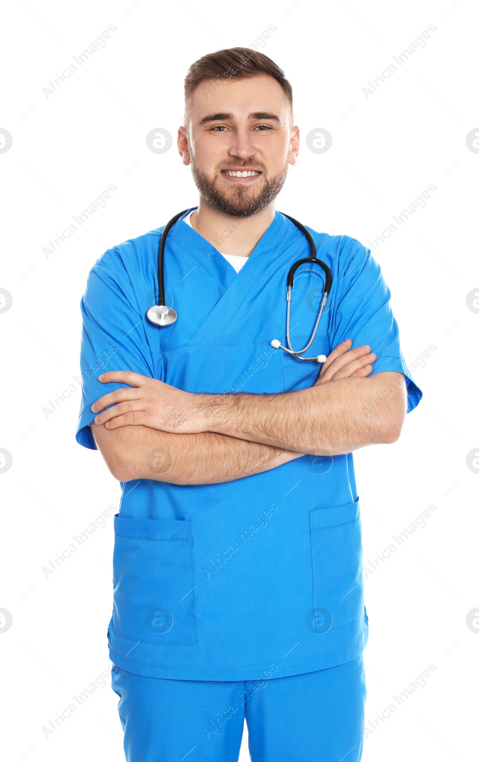 Photo of Portrait of medical doctor with stethoscope isolated on white