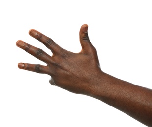 African-American man showing number FOUR on white background, closeup