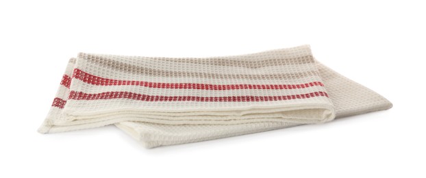 Photo of One striped kitchen towel isolated on white