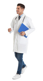 Photo of Doctor with clipboard walking on white background