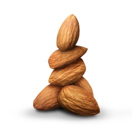 Stack of many almond nuts on white background