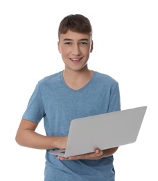 Photo of Teenage boy using laptop on white background