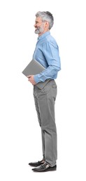 Photo of Mature businessman in stylish clothes with laptop on white background