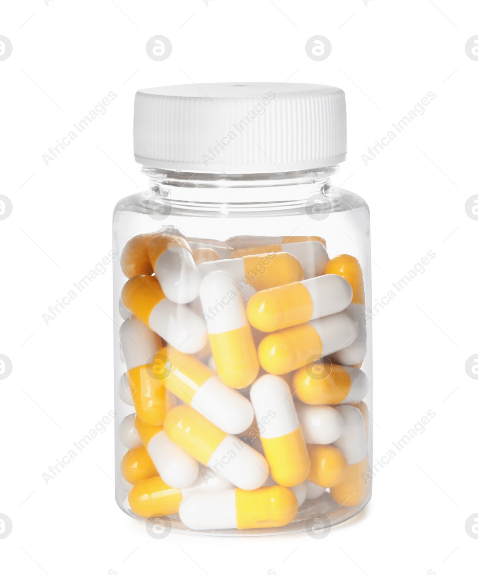 Photo of Bottle with vitamin pills isolated on white