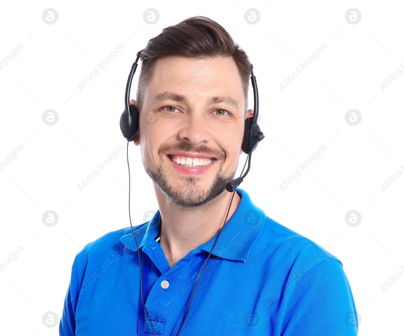 Photo of Male technical support operator with headset on white background