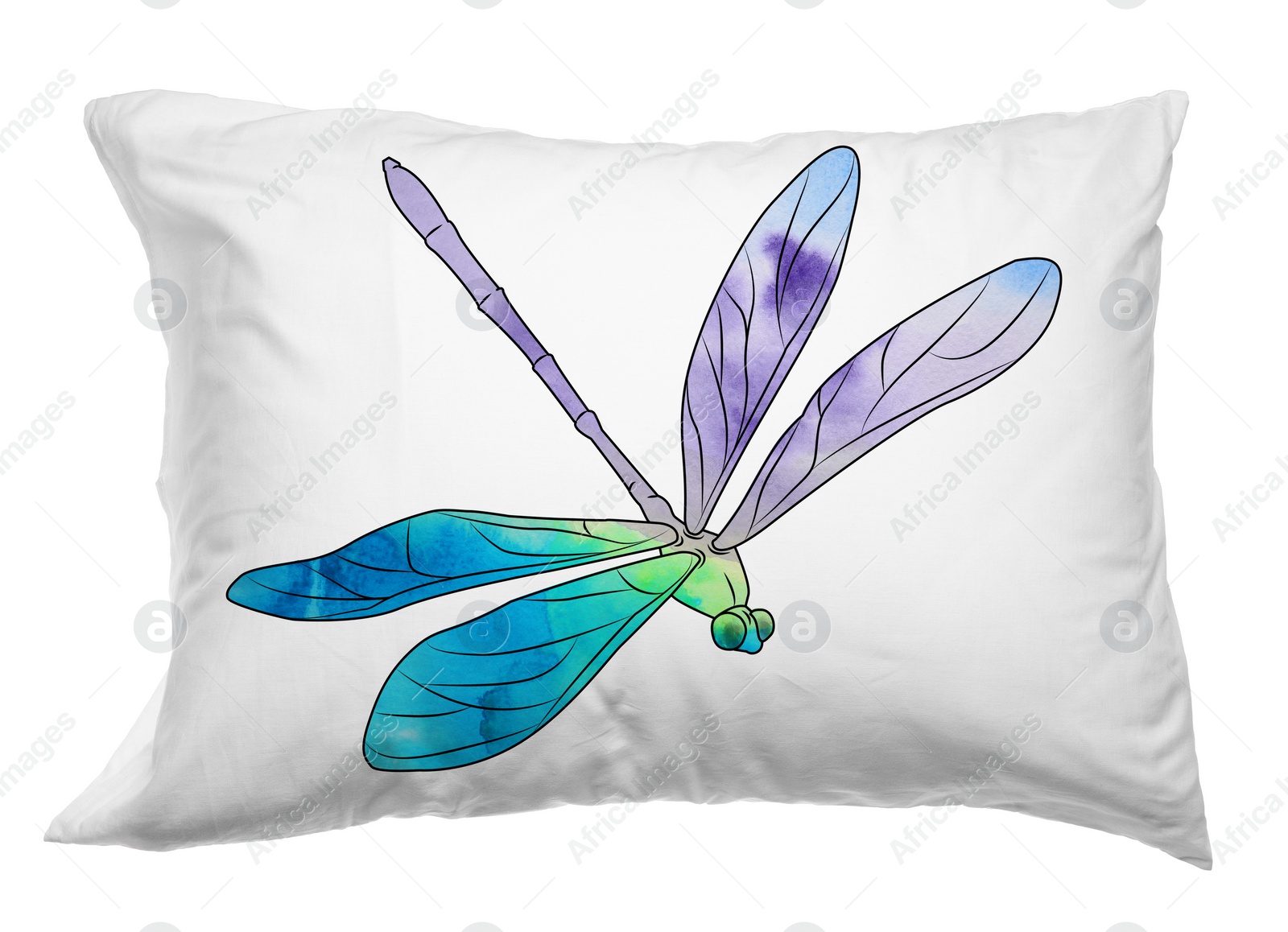 Image of Soft pillow with printed dragonfly isolated on white