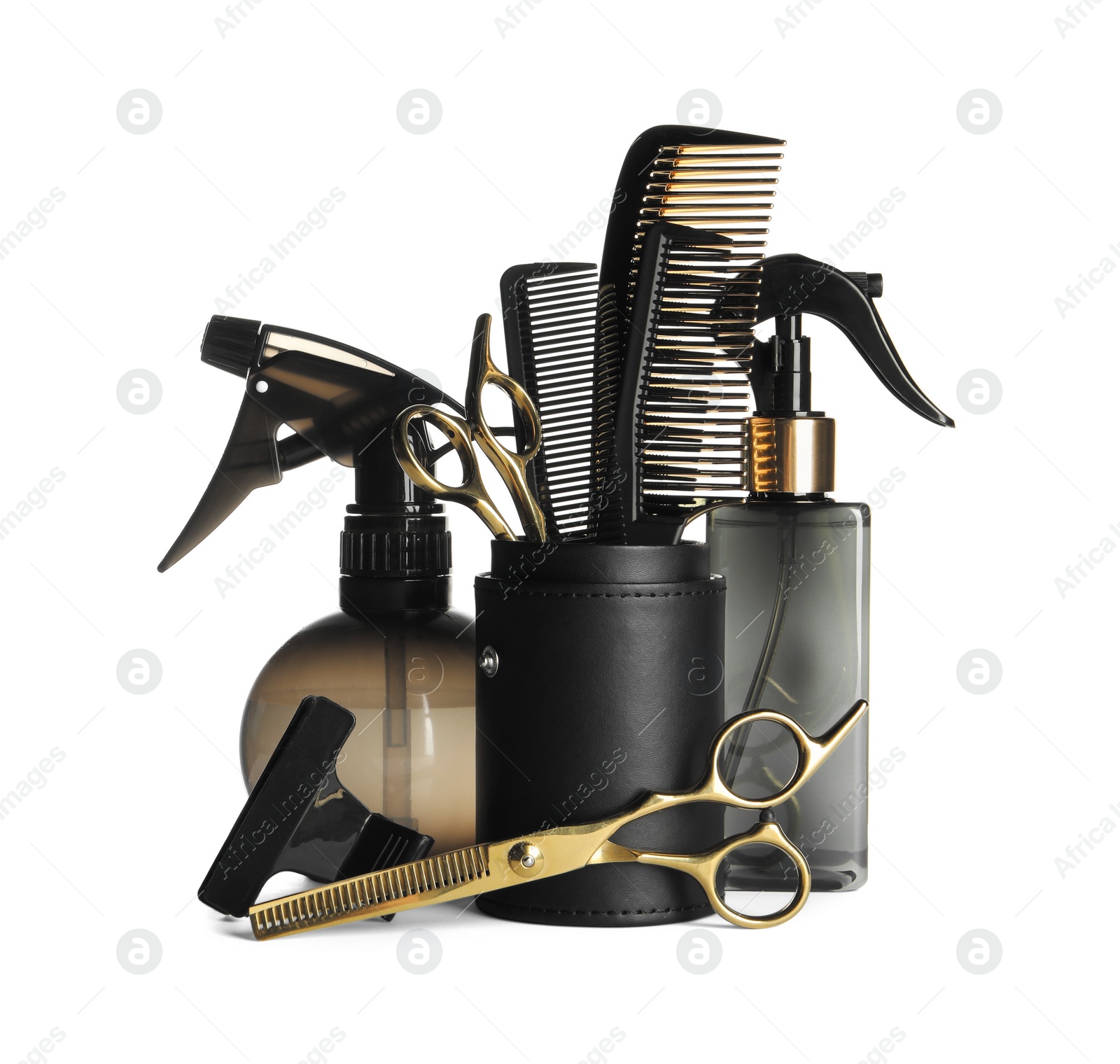 Photo of Set of professional hairdresser tools isolated on white