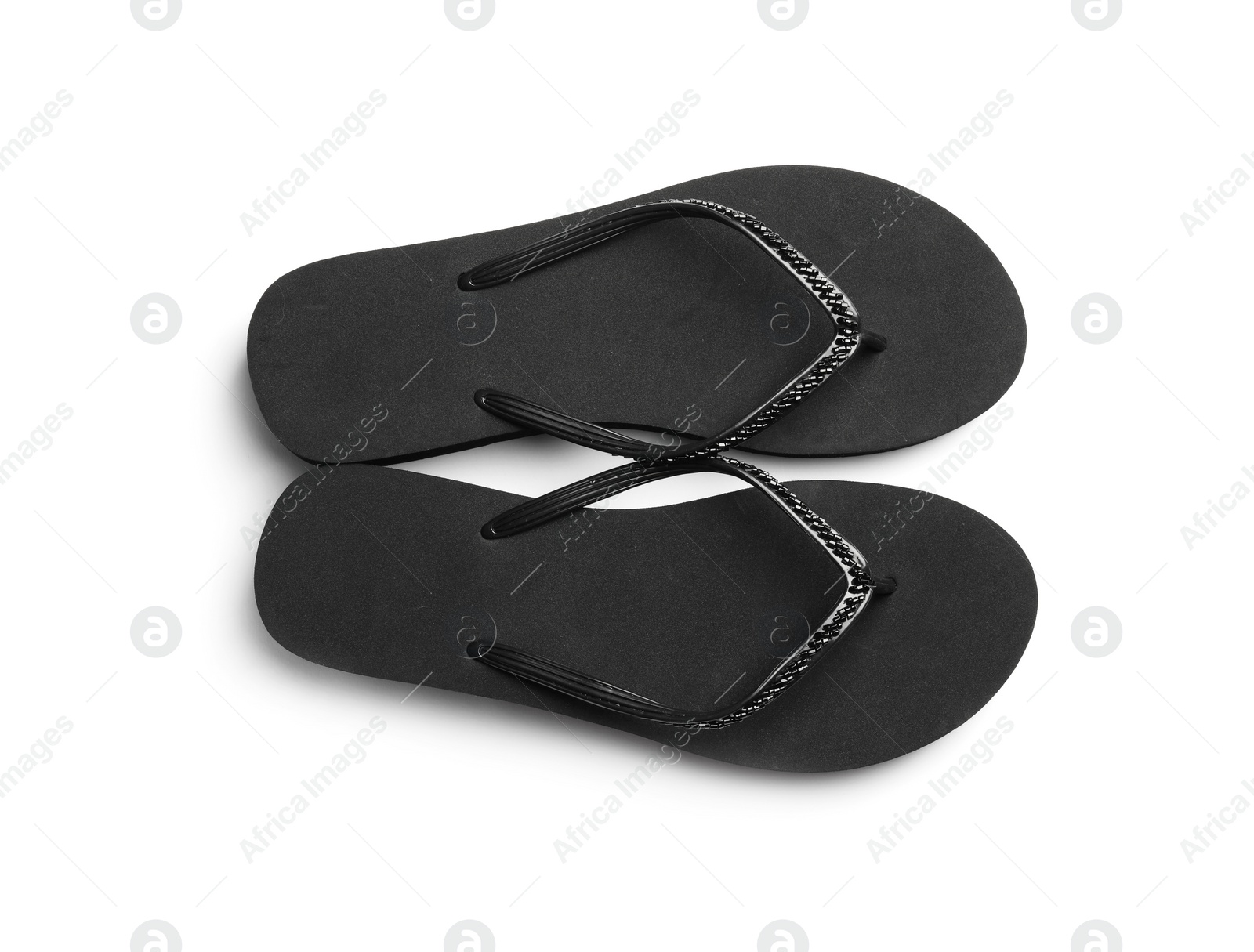 Photo of Pair of stylish flip flops on white background, top view