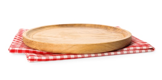 Photo of Wooden board and checkered napkin isolated on white