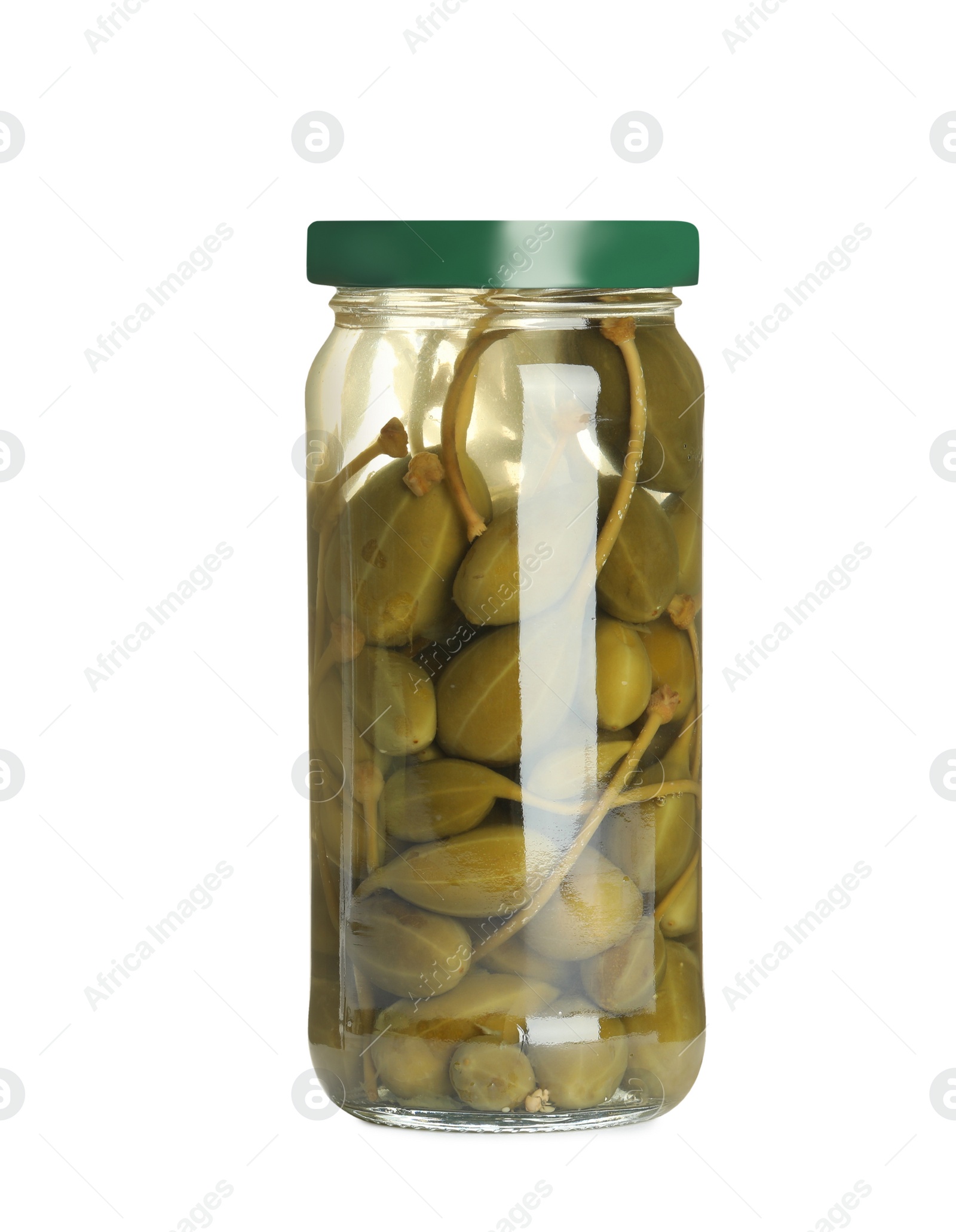 Photo of Capers in glass jar isolated on white