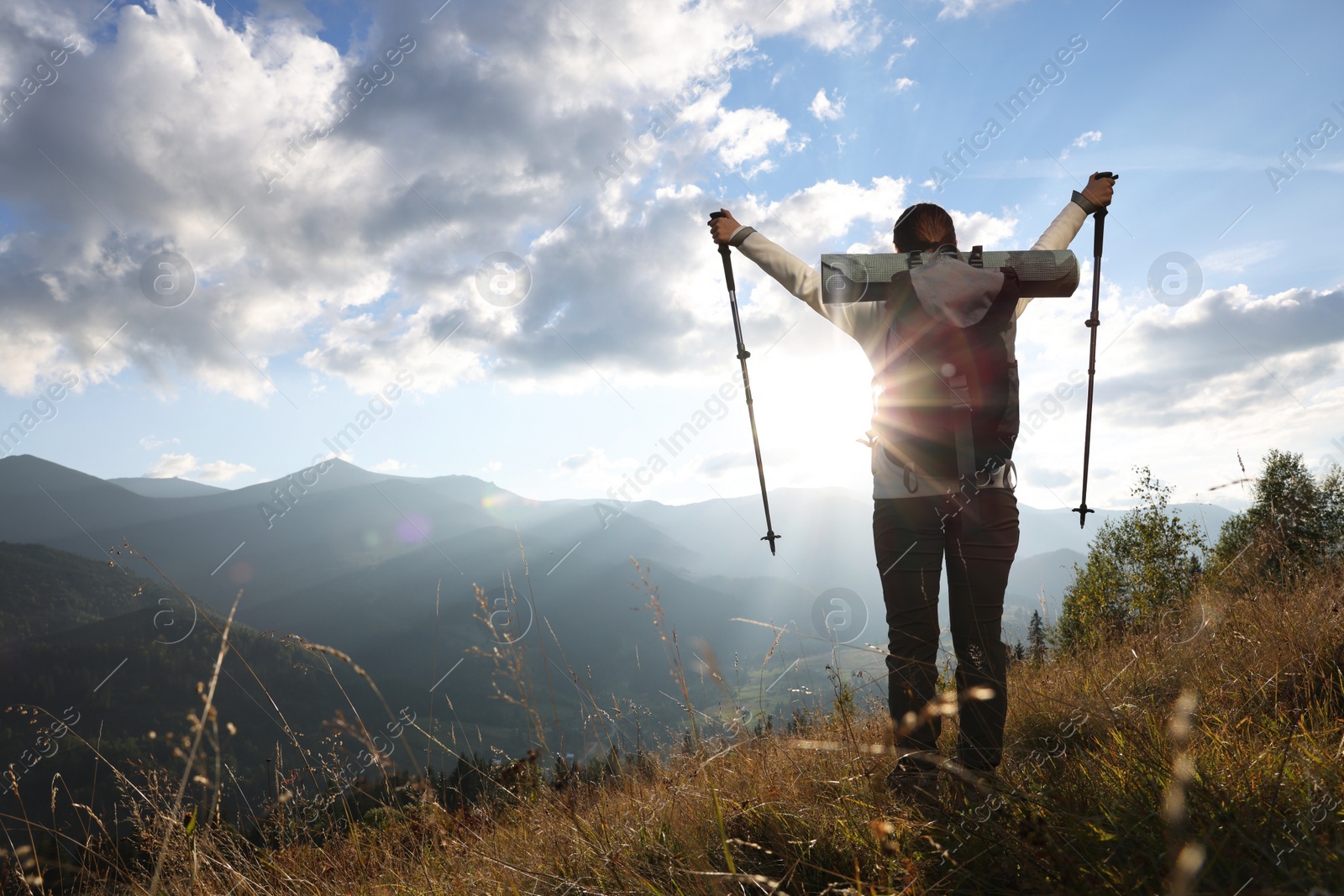 Photo of Triumphant tourist on top of mountain, back view. Space for text