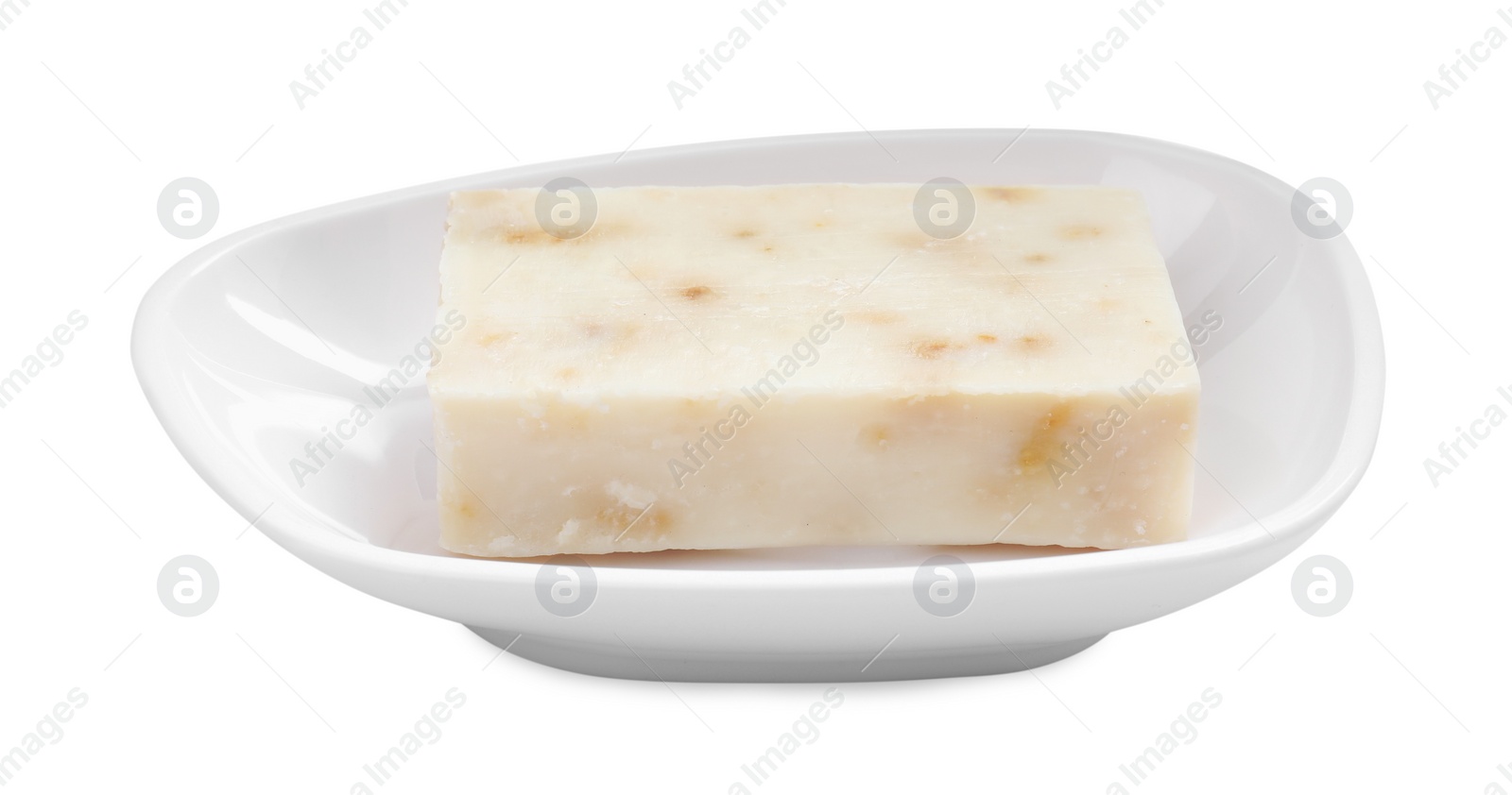 Photo of Holder with soap bar on white background