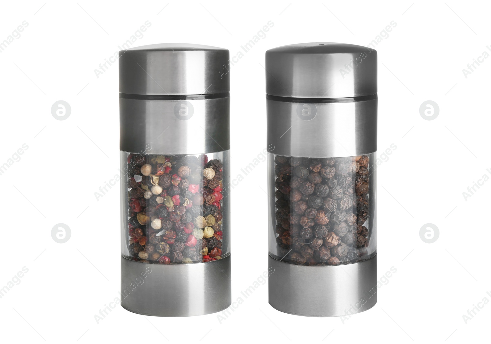 Image of Different peppercorns in mills isolated on white