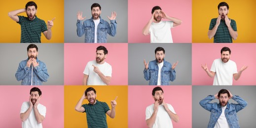 Collage with photos of surprised man on different color backgrounds
