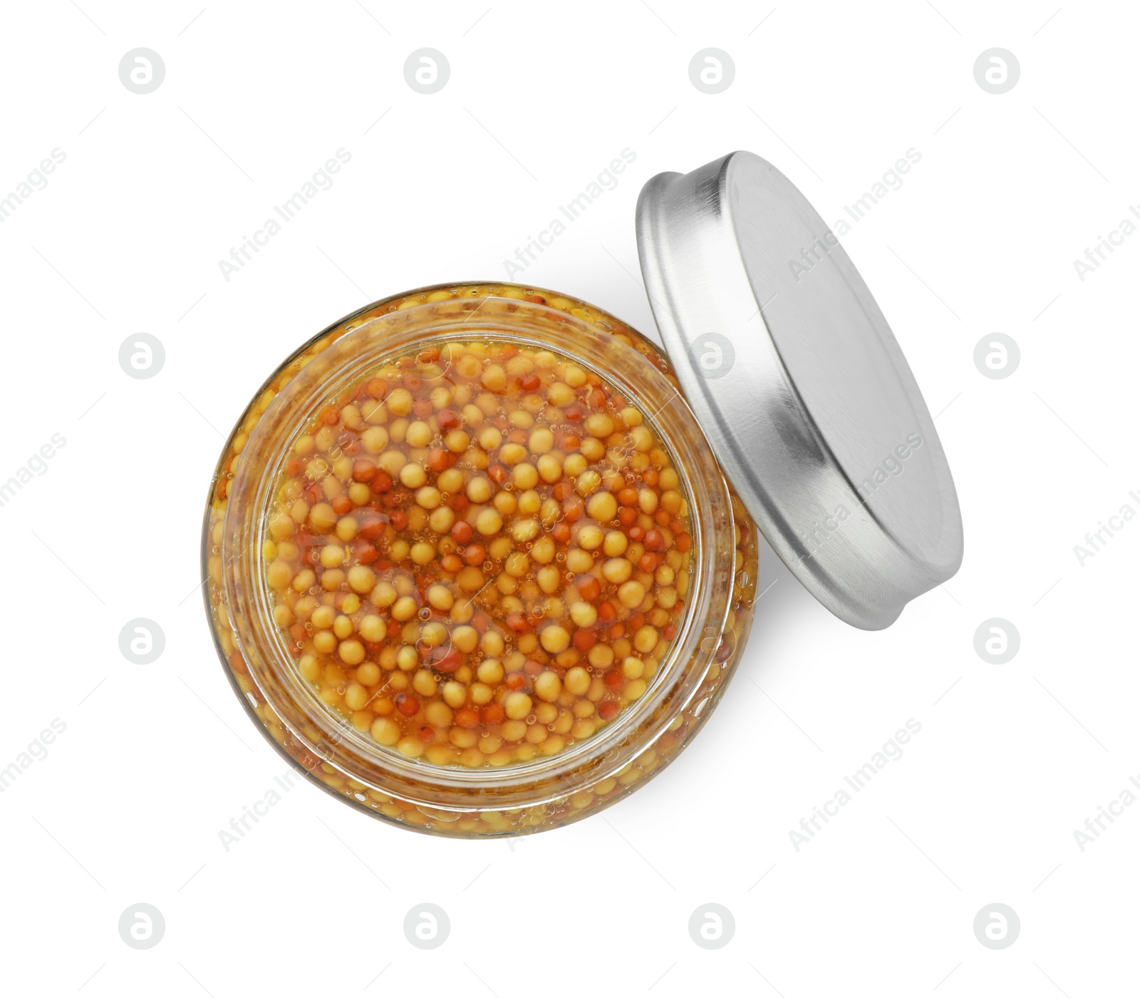 Photo of Fresh whole grain mustard in jar isolated on white, top view