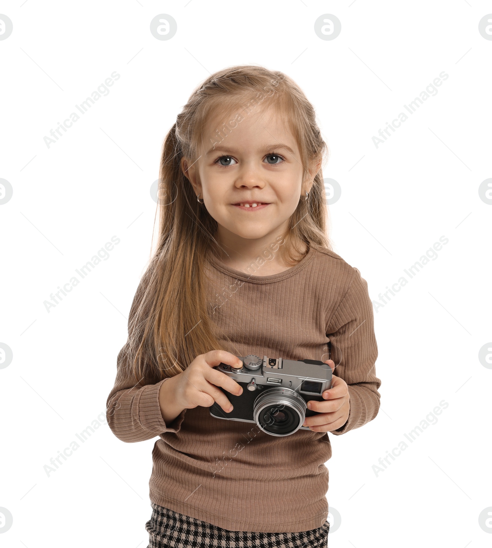 Photo of Fashion concept. Stylish girl with camera on white background