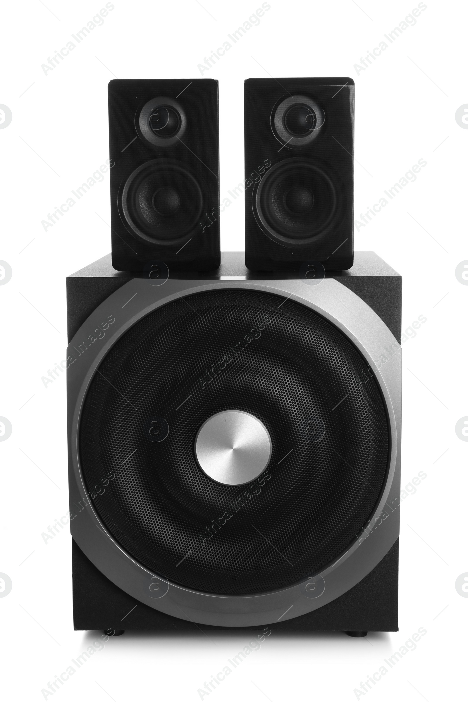 Photo of Modern powerful audio speaker system on white background