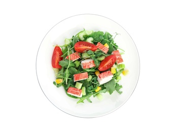 Tasty crab stick salad isolated on white, top view