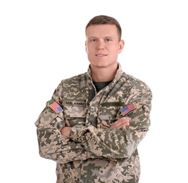 Photo of Male soldier on white background. Military service