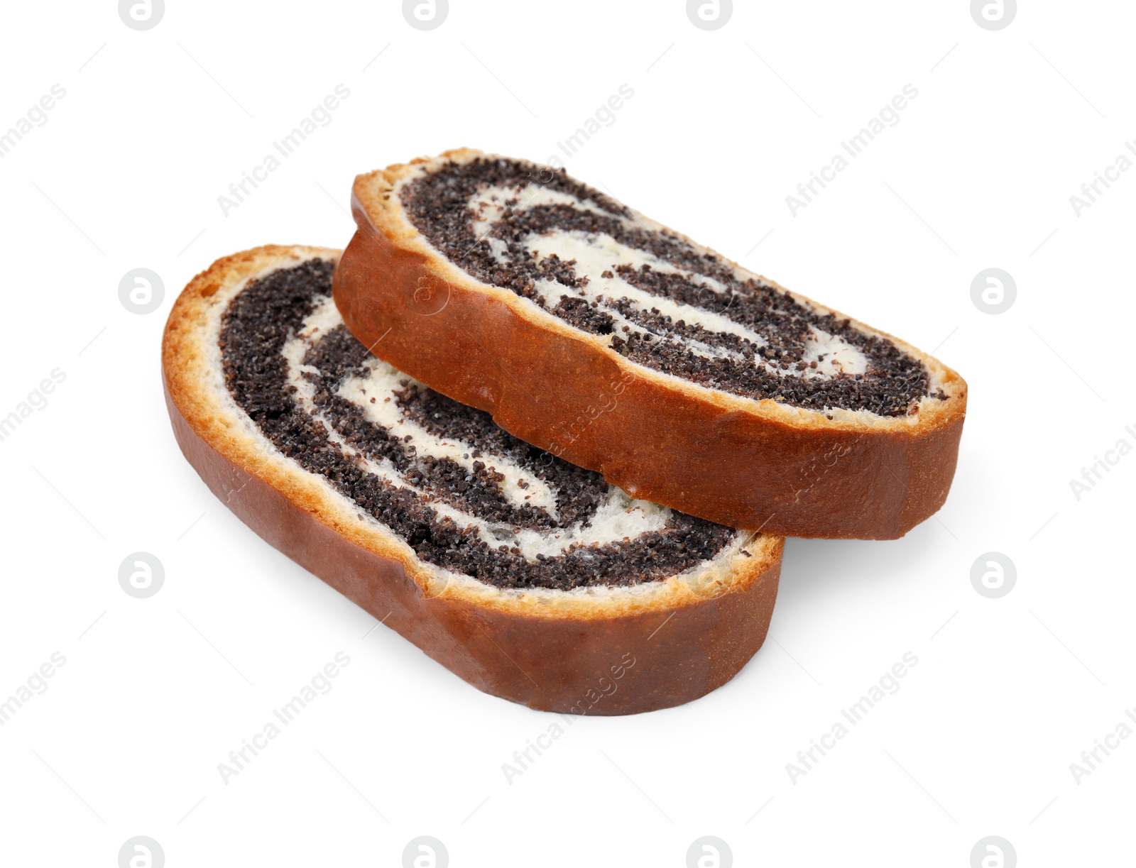Photo of Slices of poppy seed roll isolated on white. Tasty cake