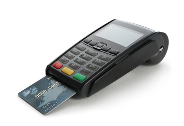 Modern payment terminal with credit card on white background. Space for text