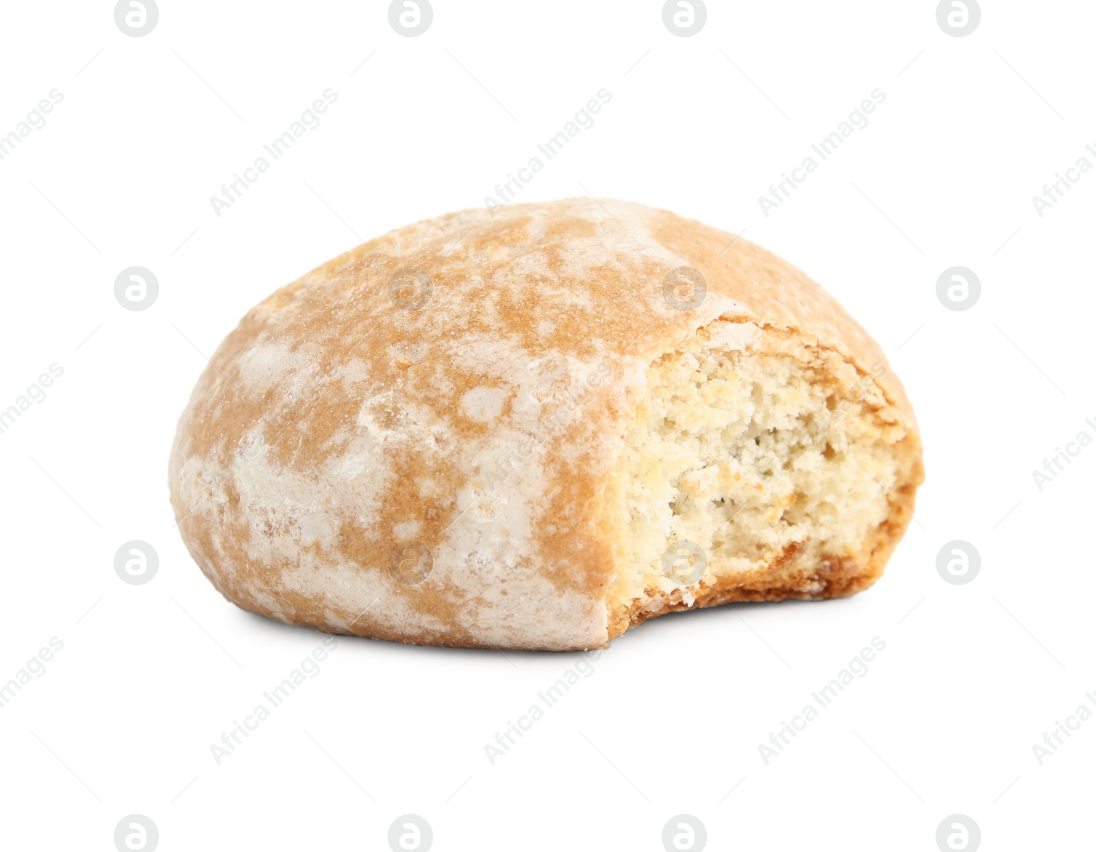Photo of Tasty bitten gingerbread cookie on white background