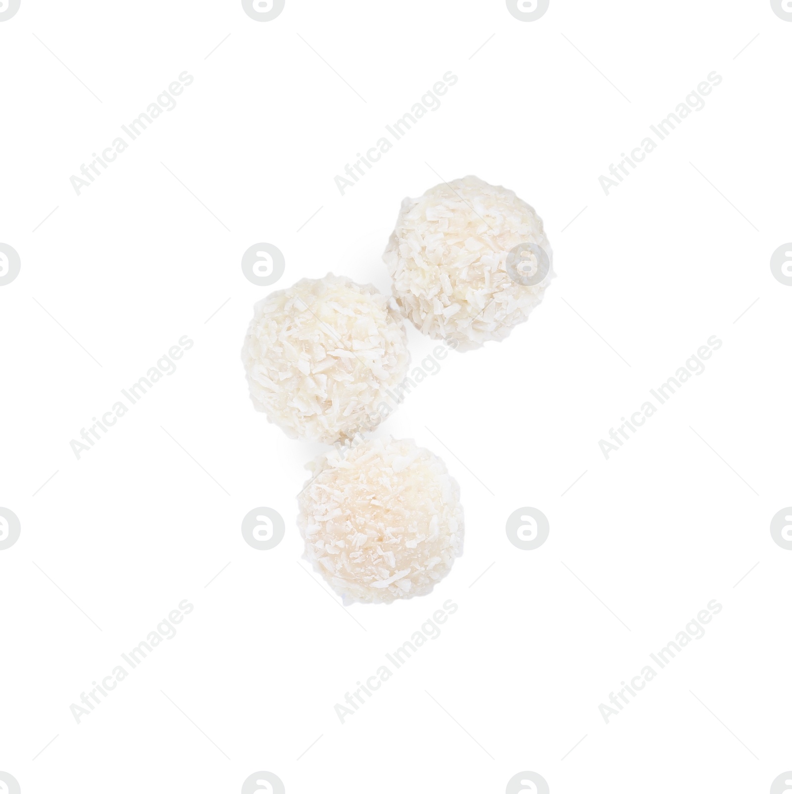 Photo of Tasty coconut balls isolated on white, top view