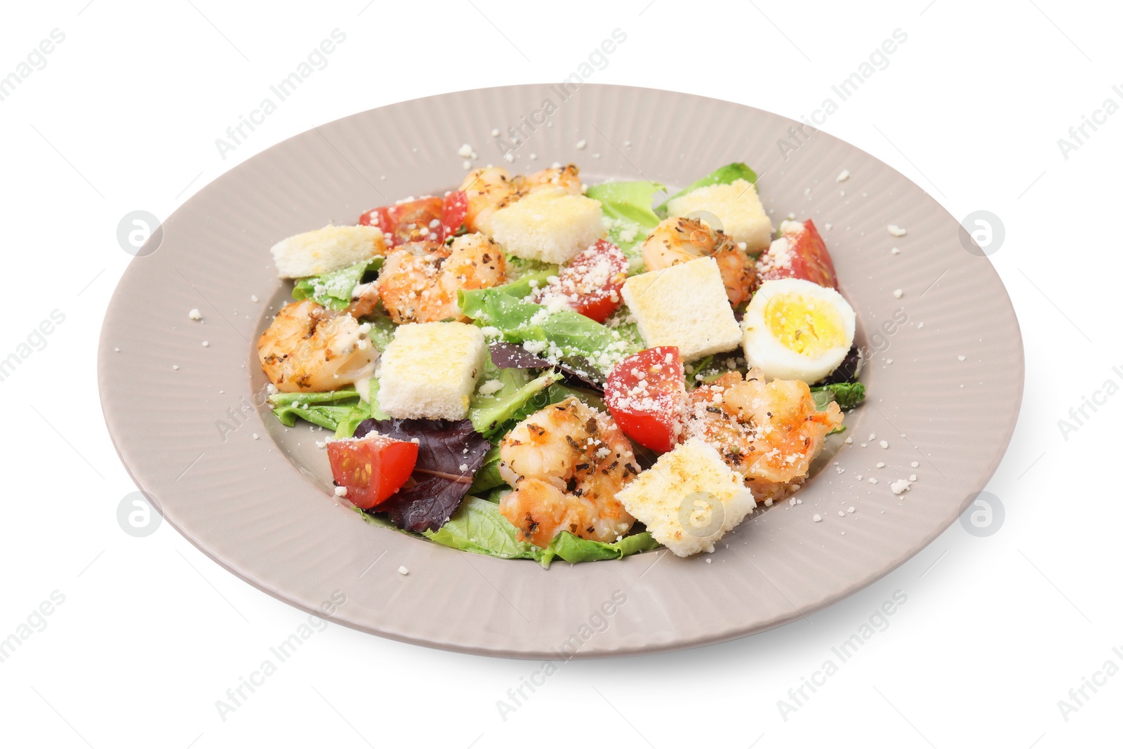 Photo of Delicious Caesar salad with shrimps isolated on white