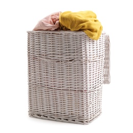 Photo of Laundry basket with dirty clothes isolated on white