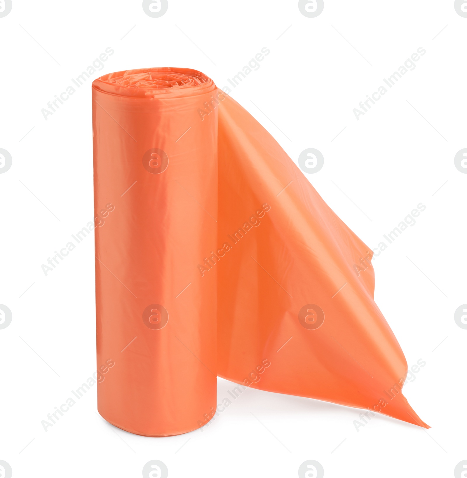 Photo of Roll of orange garbage bags isolated on white