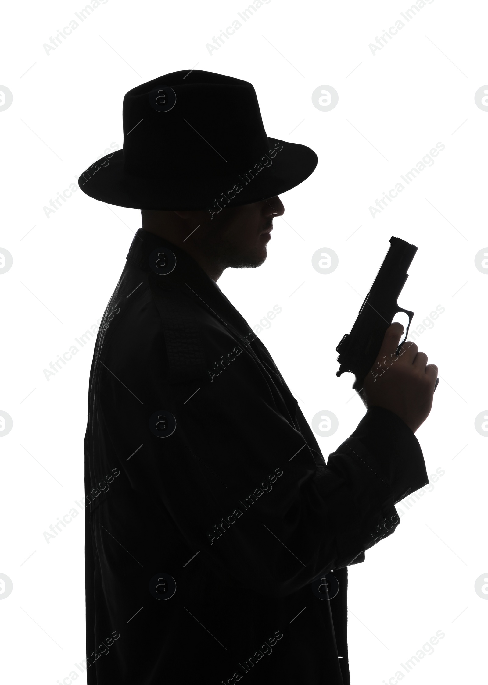 Photo of Old fashioned detective with gun on white background