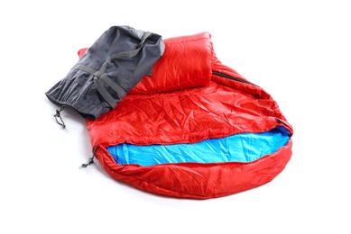 Photo of Sleeping bag on white background. Camping equipment