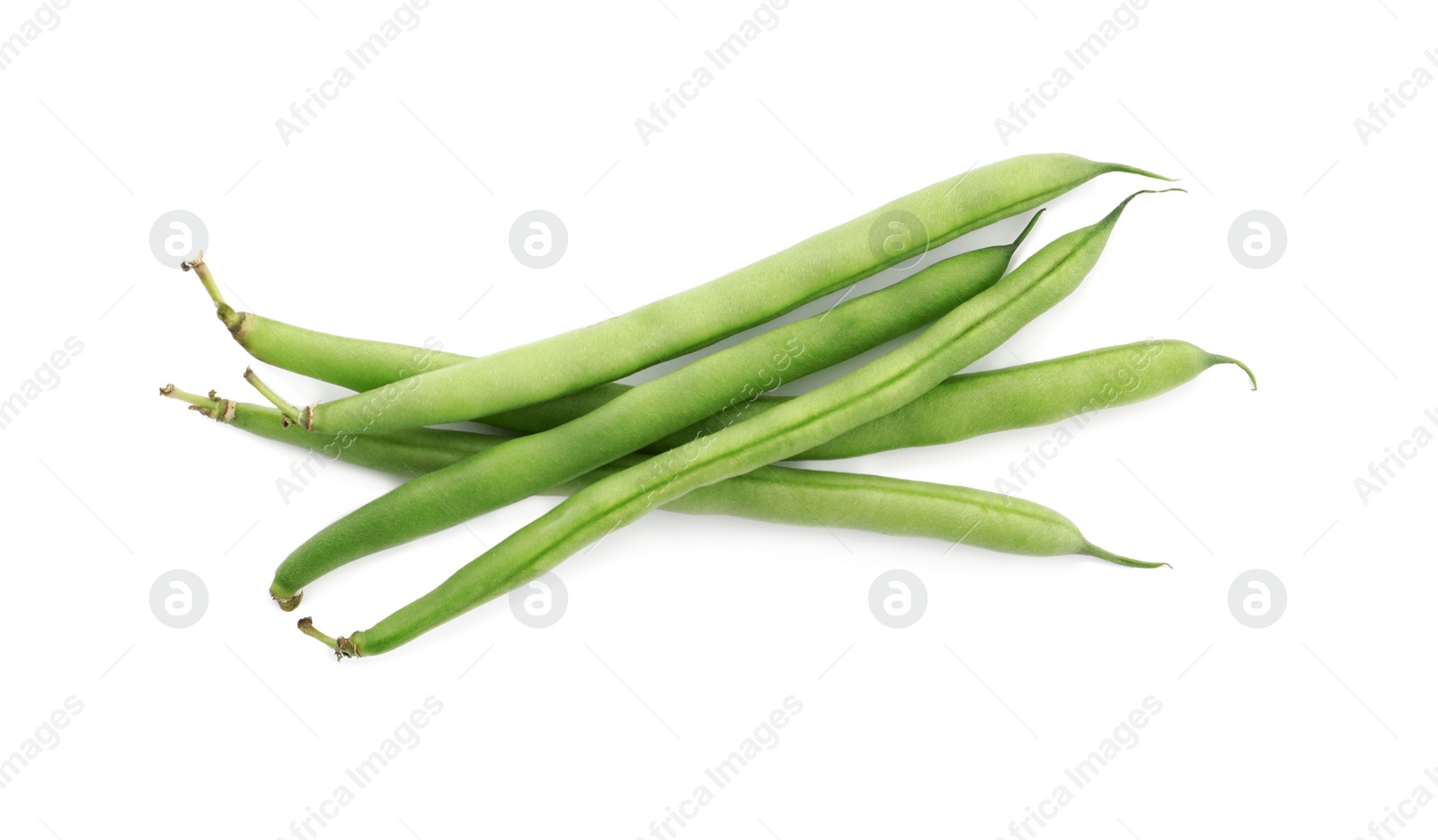 Photo of Fresh green beans on white background, top view