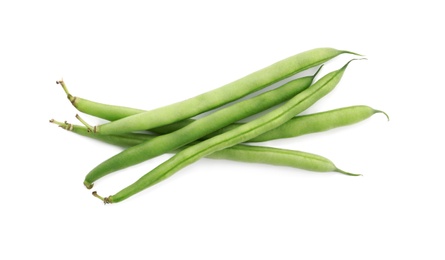 Photo of Fresh green beans on white background, top view