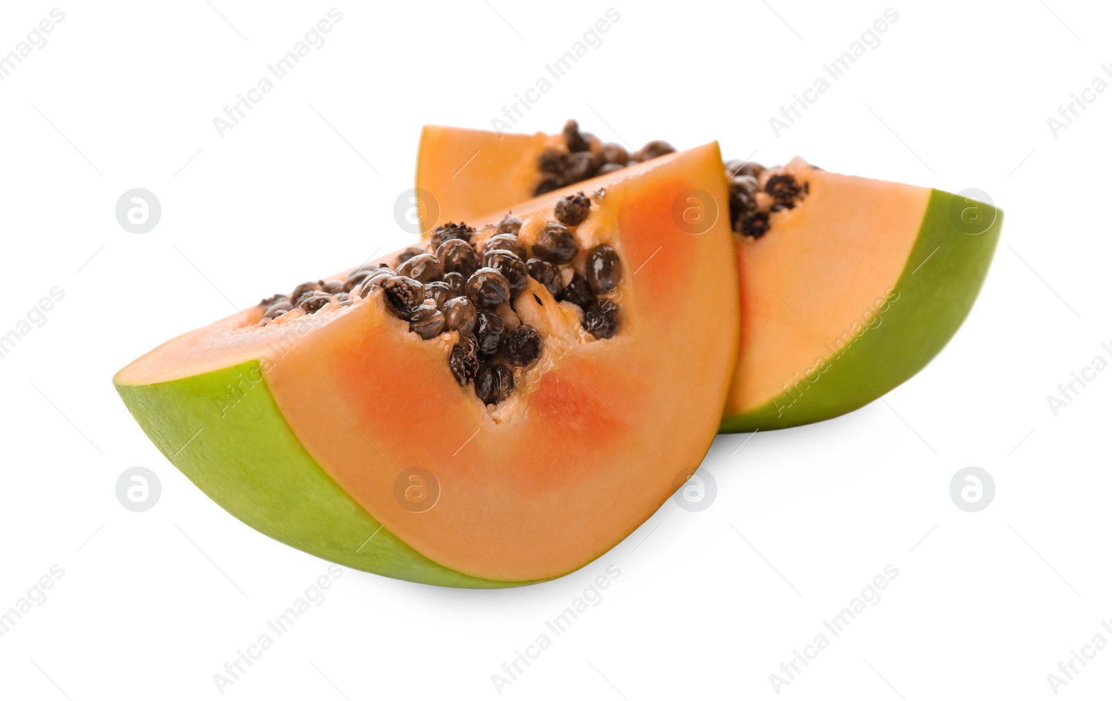 Photo of Fresh ripe papaya pieces on white background