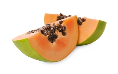 Photo of Fresh ripe papaya pieces on white background