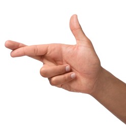Photo of Man crossing his fingers on white background, closeup