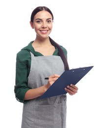 Young woman in grey apron with clipboard on white background