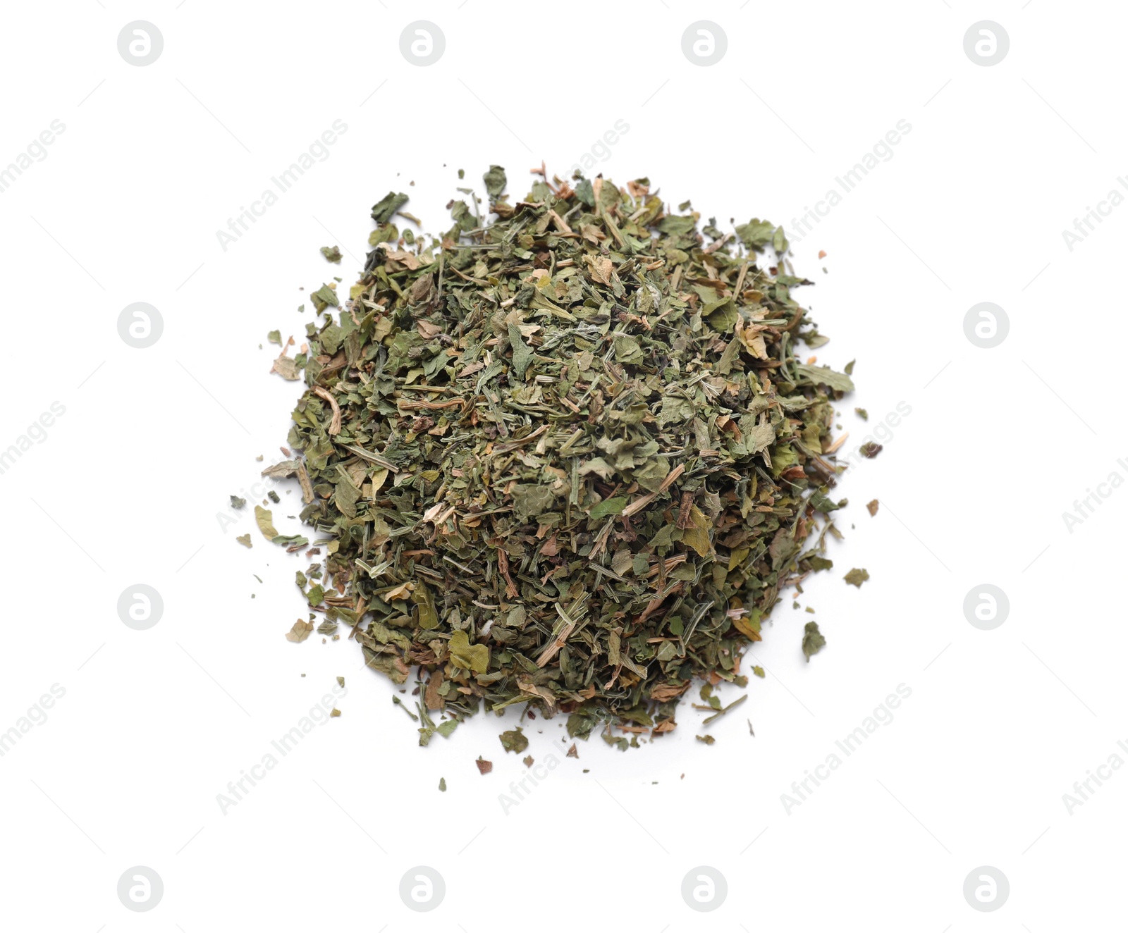Photo of Heap of dried parsley isolated on white, top view